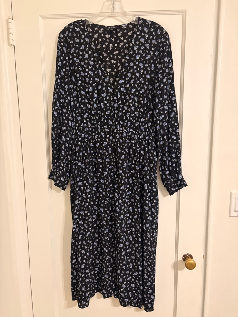 Madewell Long Sleeve V-Neck Floral Midi Dress - Black with Light Blue Print